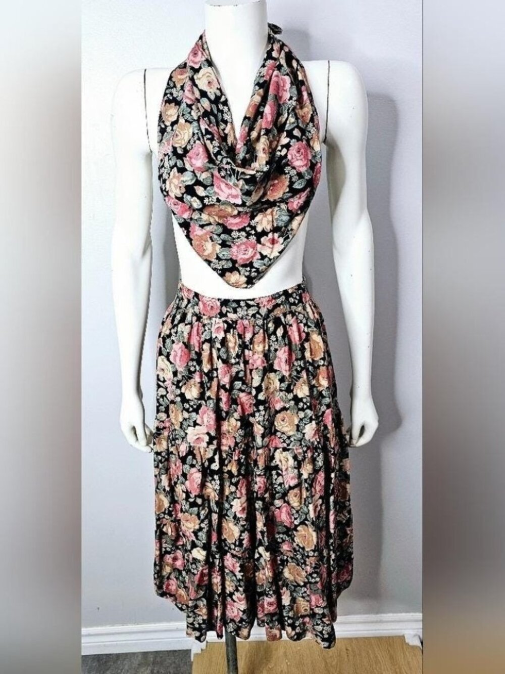 Vintage 70s Floral Print Skirt with Hair Scarf